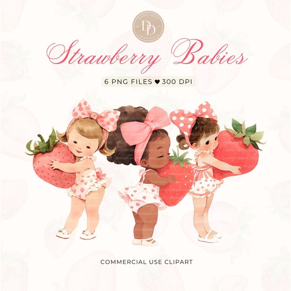 Strawberry Baby Girl Clipart Pack, 6 PNG, Strawberry PNG, Strawberry Baby Shower, Cute Strawberry Shortcake Theme, Strawberry Baby Clipart