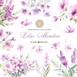 Lilac Wildflower Clipart Pack, Watercolor Meadow Flowers Clipart, Wedding Clipart, Floral Borders, Wildflower PNG, Purple Wildflower PNG