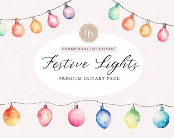 Pack de cliparts aquarelle lumières de Noël, guirlande lumineuse Clipart, clipart lumière de Noël, PNG transparent, pour usage Commercial