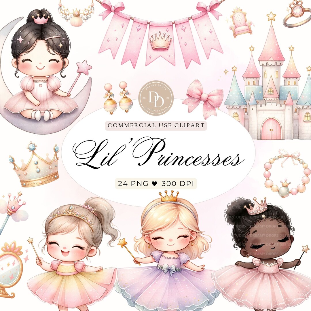 Little Princess Clipart Pack, Pink Princesses Watercolor Clipart, Cute ...