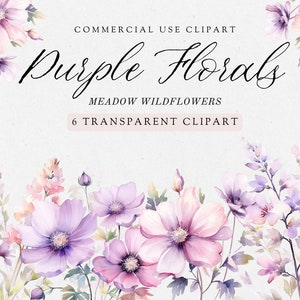 Purple Wild Flowers Watercolor Clipart Pack, Purple Flowers, Clip Art For Commercial Use, Transparent PNGs, Wedding Invite Clipart