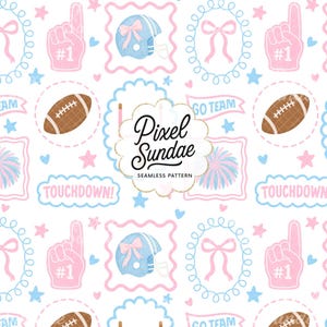 May include: Seamless pattern with football, foam finger, and helmet illustrations in pink, blue, and brown. The design includes the text "Pixel Sundae" and "Touchdown!" on a white background. The pattern is suitable for sports-themed projects.