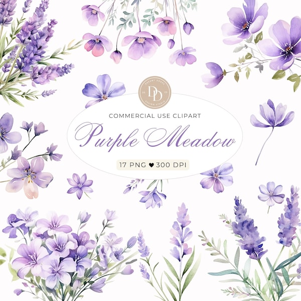 Purple Wildflower Clipart Pack, Watercolor Meadow Flowers Clipart, Wedding Clipart, Floral Borders, Wildflower PNG, Spring Wildflower