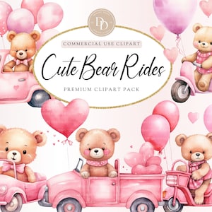 Valentines Bear Clipart Pack, Cute Bear Rides, Pink Bear Clipart, Bear Balloon Clipart, Love Clipart, Teddy Bear PNG, Pink Bear Balloons