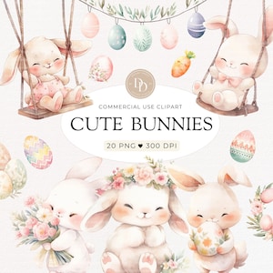 Cute Baby Easter Bunny Clipart Pack, Easter Bunny Clipart, Bunny PNG, Spring Clipart, Watercolor Rabbits Clipart, Easter Egg Clipart