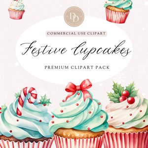 Christmas Cupcake Clipart Pack, Cupcakes Clipart, Watercolor Cupcakes Clipart, Christmas Clipart, Transparent PNG, For Commercial Use Draft