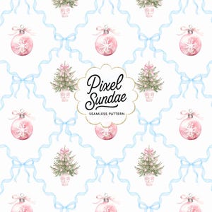 May include: A seamless pattern featuring watercolor illustrations of pink Christmas ornaments with snowflake designs, small Christmas trees, and light blue bows on a white background. The text "Pixel Sundae" is also included.
