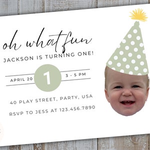 Baby Face Photo First Birthday Invitation, 1st Bday Invite Personalized Picture, Baby Party Hat, Personalized Printable, Boy 1st Bday