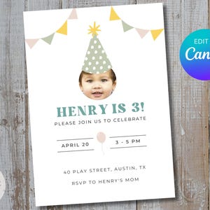Face Photo Birthday Invitation, Picture Bday Invite, Printable, Electronic Text Email Invite, Face Photo First Birthday Invitation, Editable