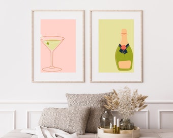 Impressão de conjunto de coquetéis, Martini, champanhe, parede de galeria de carrinho de bar, arte de parede, impressão de arte de bar, arte de parede de bar, decoração de carrinho de bar, download INSTANTÂNEO