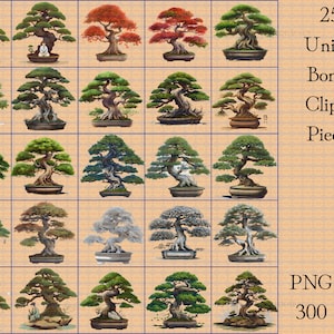 25 Majestic Bonsai Tree Clipart Pieces - Vibrant Bonsai Tree PNG. 300 DPI Format in 6x6 Prints. Bonsai for Anime, Niji, and Japanese Art
