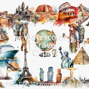 Watercolor Travel clipart, Old World clip art, Summer Holiday, Tourism, Adventure, Travel Bug, Airplane, Journey, Instant Download PNG