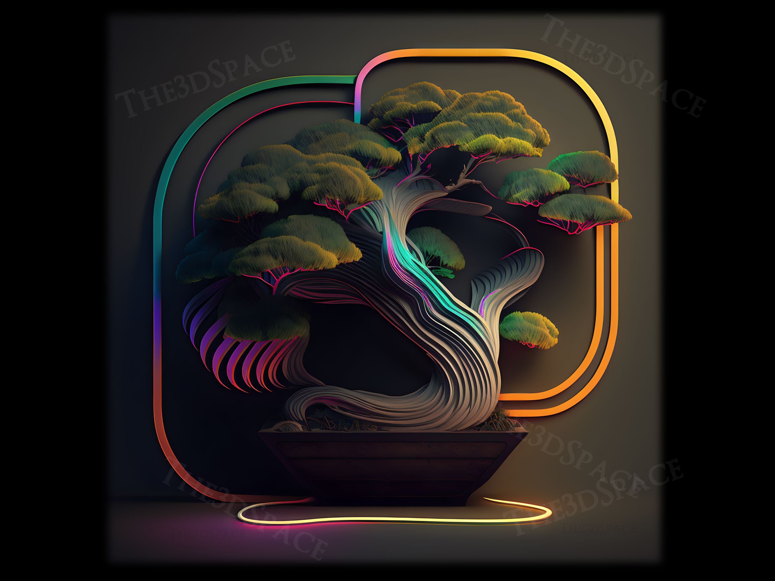 Artistic Dance of the Bonsai: A Luminous Fusion of Neon Brilliance with  Time-Honored Bonsai Elegance. BonsaiSpace - Series1 - 2of4