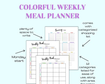 Colorful Weekly Meal Planner Printable: Grocery List (Digital Download)