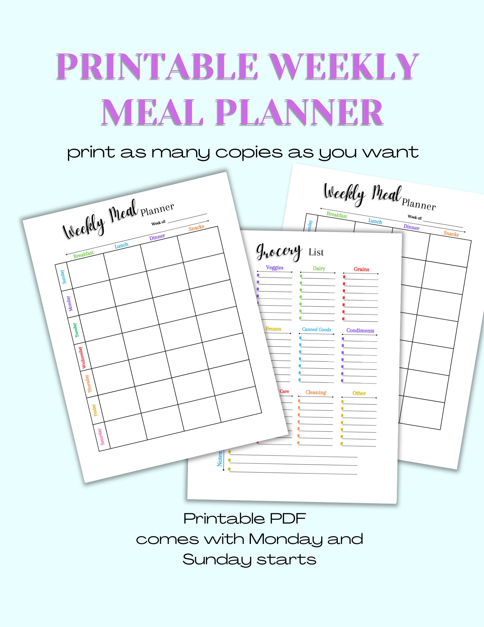 Colorful Weekly Meal Planner Printable: Grocery List (digital Download ...