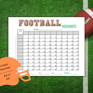 May include: A printable football squares game template with a brown football graphic at the top. The template is a 10x10 grid with numbers 1-100. The template includes spaces for team name, quarter scores, and final score.