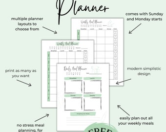 Weekly Meal Planner Printable: Modern Menu, Grocery List (Digital Download)