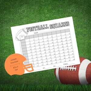 May include: A printable football squares game template with a football helmet and football on a green grass background. The template has 100 squares numbered 1 to 100. The squares are labeled with the numbers 1 through 10 across the top and 1 through 10 down the side. There are spaces for team names, quarter scores, and a final score.