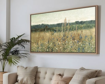 Wildflower Field Wall Art Framed Canvas Print | Above Bed Wall Art | Bedroom Art Panoramic Landscape | Long Wall Art | Sage Green Wall Art