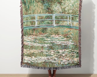 Monet Water Lily Pond Japanese Bridge Jacquard Woven Throw Wall Hanging | Floral Aesthetic Tapestry Blanket For Adults | Gifts For Artists