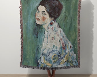 Gustav Klimt Portrait of a Lady Jacquard Woven Tapestry Blanket Wall Hanging | Fine Art Textile Woven Cotton Throw Green Art Nouveau