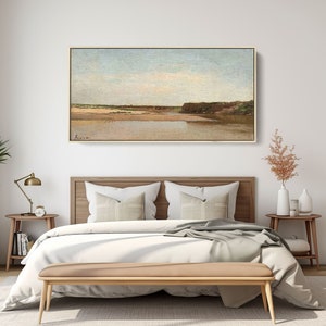 Coastal Wall Art Vintage Oil Painting on Canvas Print Framed Unframed | Panoramic Wall Art Above Bed Decor Beach Canvas Long Narrow Wall Art