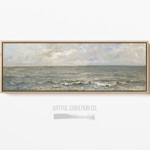 Seascape Painting Wall Art Framed Canvas Print | Panoramic Wall Art Above Bed Decor  | Vintage Coastal Wall Art Print | Long Narrow Wall Art