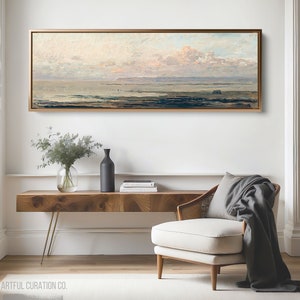 Coastal Sunset Vintage Oil Painting Canvas Print Framed Unframed | Panoramic Wall Art Beach Print Large Canvas Wall Art Long Narrow Wall Art