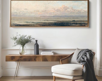 Coastal Sunset Vintage Oil Painting Canvas Print Framed Unframed | Panoramic Wall Art | Wide Coastal Landscape Canvas Print