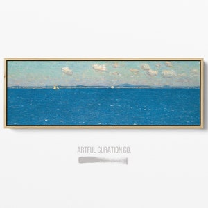 Blue Seascape Panoramic Print on Canvas | Blue Ocean Wall Art | Panoramic Ocean Long Narrow Wall Art Above Bed Decor | Colorful Coastal Art