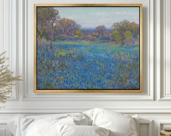 Blue Wildflowers in Bloom Landscape Canvas Print | Bluebell Wildflower Field Landscape Oil Painting Floral Print | Large Canvas Art Framed