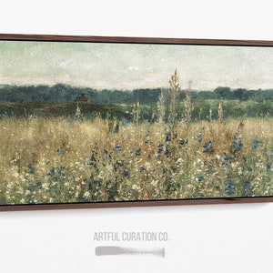 Vintage Wildflower Field Long Wall Art | Panoramic Bedroom Art | Panoramic Landscape Above Bed Decor | Long Narrow Wall Art Canvas Print