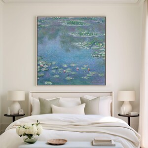 Claude Monet Print Water Lilies on Canvas | Large Wall Art Claude Monet Famous Artist Prints | Framed Canvas Art Print Monet Blue Lily Pond
