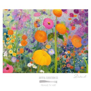 May include: A watercolor painting of a field of flowers in shades of orange, yellow, pink, purple, and green. The flowers are arranged in a random pattern, creating a sense of movement and energy. The painting is a vibrant and colorful depiction of nature.