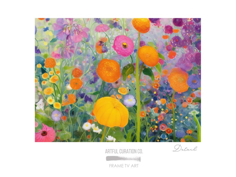 May include: A watercolor painting of a field of flowers in shades of orange, yellow, pink, purple, and green. The flowers are arranged in a random pattern, creating a sense of movement and energy. The painting is a vibrant and colorful depiction of nature.