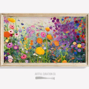 May include: A framed painting of a colorful flower garden with a variety of flowers in shades of pink, purple, yellow, orange, and blue. The flowers are arranged in a dense, lush pattern, creating a vibrant and cheerful scene.