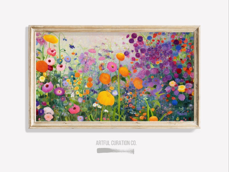 May include: A framed painting of a colorful flower garden with a variety of flowers in shades of pink, purple, yellow, orange, and blue. The flowers are arranged in a dense, lush pattern, creating a vibrant and cheerful scene.