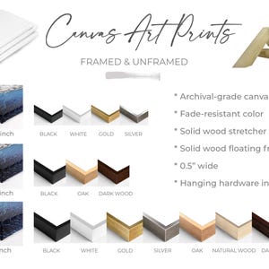 May include: An advertisement for canvas art prints, framed and unframed, with various frame styles and sizes. The image shows options for 0.75, 1.25, and 1.5-inch depths, with frame colors including black, white, gold, and silver. The text highlights features like archival-grade canvas and fade-resistant color.