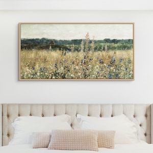 Vintage Wildflower Field Wall Art Canvas Print | Vintage Botanical Bedroom Art | Panoramic Landscape | Long Narrow Wall Art Above Bed Decor