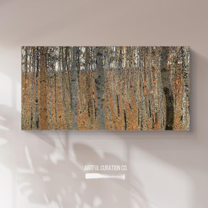 May include: A painting of a forest scene with tall, slender trees in shades of gray, brown, and orange. The trees are densely packed together, creating a sense of depth and mystery. The painting is reminiscent of a pointillist style, with small dots of color creating the overall image.