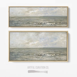 Seascape Painting Wall Art Framed Canvas Print | Panoramic Wall Art Above Bed Decor | Vintage Coastal Wall Art Print | Long Narrow Wall Art image 2