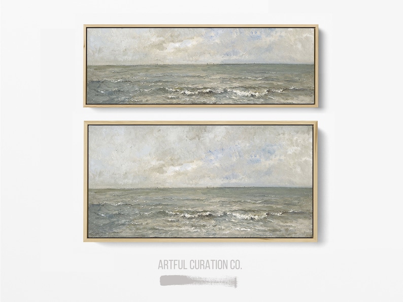 Seascape Painting Wall Art Framed Canvas Print | Panoramic Wall Art Above Bed Decor | Vintage Coastal Wall Art Print | Long Narrow Wall Art image 2