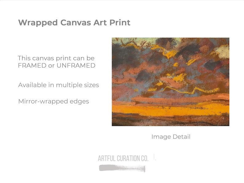 Puede incluir: Una impresi&oacute;n en lienzo envuelto que presenta una pintura de paisaje texturizada con nubes de color p&uacute;rpura oscuro, naranja y amarillo sobre un horizonte dorado. El texto dice Wrapped Canvas Art Print, This canvas print can be FRAMED or UNFRAMED, Available in multiple sizes, Mirror-wrapped edges, Image Detail y ARTFUL CURATION CO.