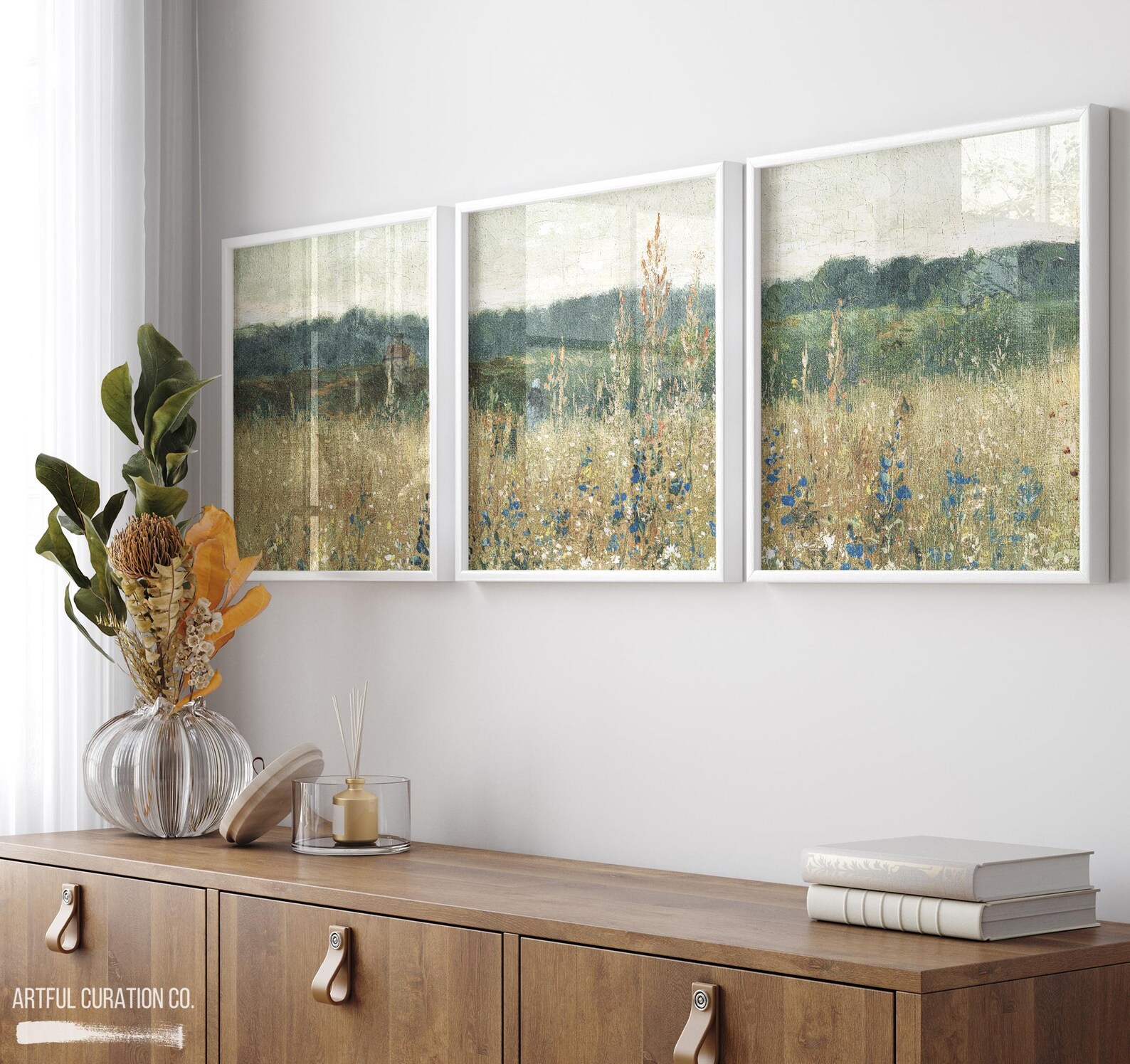 Wildflower Field Art Giclee Prints Set of 3 Triptych Wall Art | Sage ...
