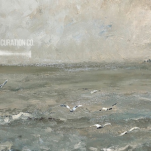 May include: An oil painting of a seascape with a cloudy sky and waves. Several seagulls are in flight over the water. The painting has a muted color palette of grays, blues, and whites. The text "ARTFUL CURATION CO." is in the upper left corner.