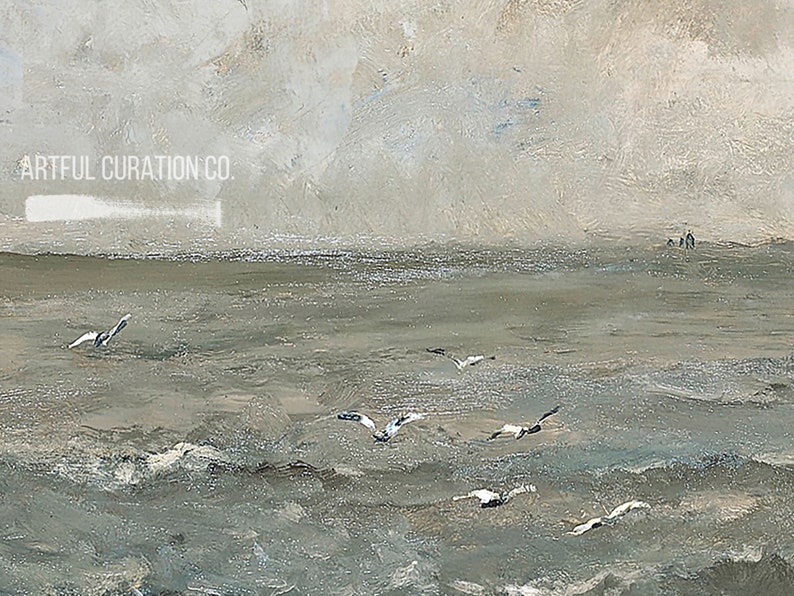 May include: An oil painting of a seascape with a cloudy sky and waves. Several seagulls are in flight over the water. The painting has a muted color palette of grays, blues, and whites. The text "ARTFUL CURATION CO." is in the upper left corner.