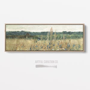 Vintage Wildflower Landscape Canvas | Extra Wide Panoramic Wall Art | Antique Meadow Painting Decor