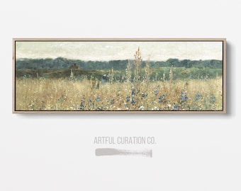 Vintage Wildflower Landscape Canvas | Extra Wide Panoramic Wall Art | Antique Meadow Painting Decor