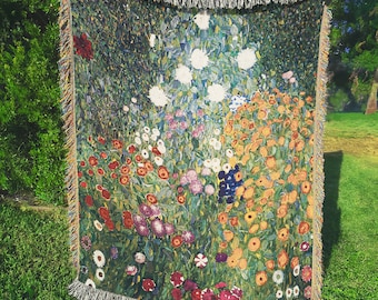 Gustav Klimt Flower Garden Woven Throw Blanket | Floral Tapestry Blanket Throw | Artsy Gifts | Hypoallergenic Premium Cotton Home Decor