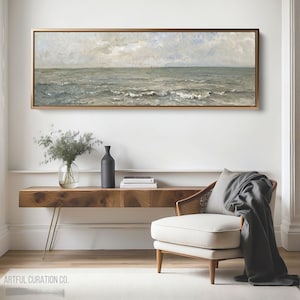 Seascape Painting Wall Art Framed Canvas Print | Panoramic Wall Art Above Bed Decor | Vintage Coastal Wall Art Print | Long Narrow Wall Art image 8